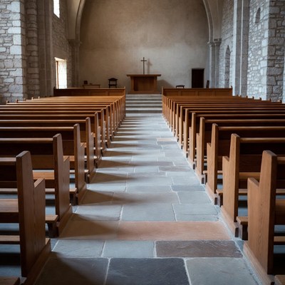 Empty Stone Church Interior with Pews