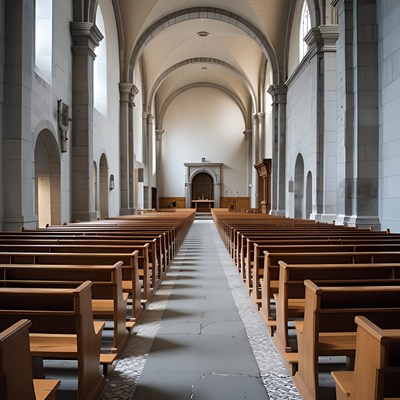 Empty Church Interior with Wooden Pews