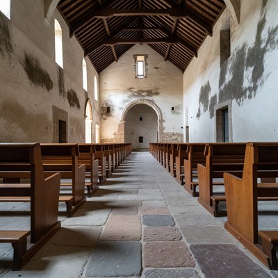 Empty Wooden Church Pew Aisle