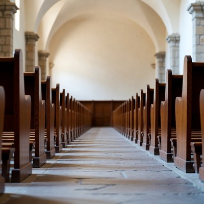 Empty Wooden Church Pews Aisle