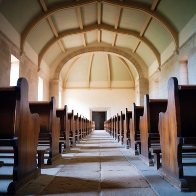 Empty Wooden Church Pew Aisle