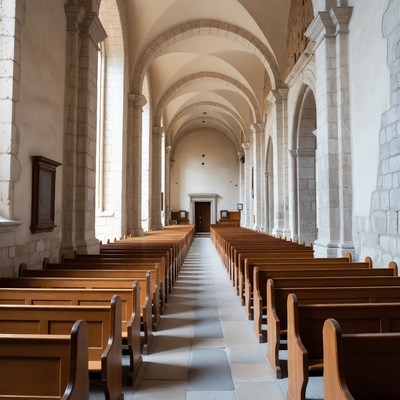 Empty Wooden Church Pew Aisle