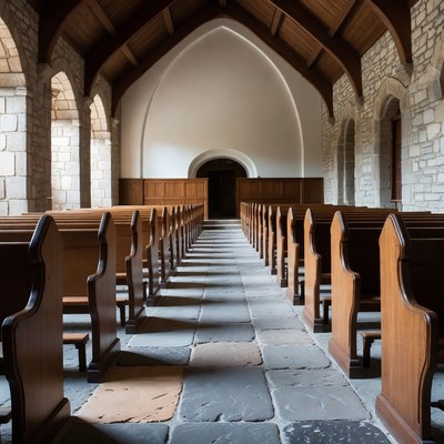 Empty Wooden Church Pew Aisle