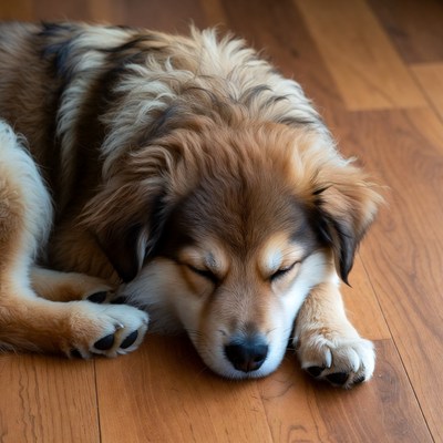 Fluffy dog sleeping on floor