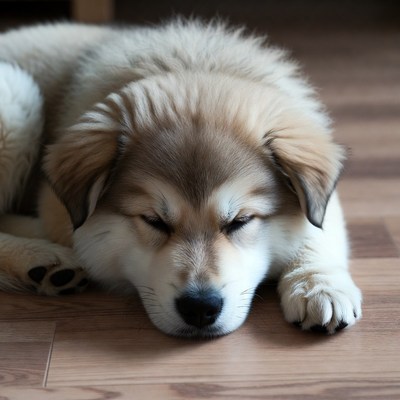 Fluffy puppy sleeping on floor