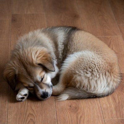 Sleeping fluffy puppy on wooden floor