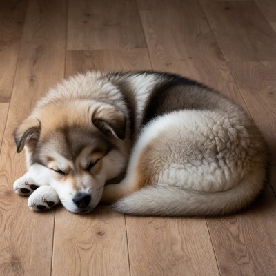 Sleeping fluffy husky puppy on floor
