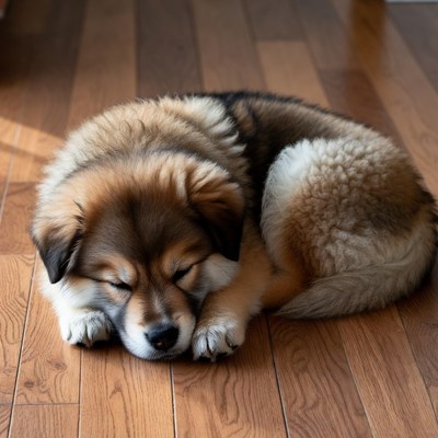 Fluffy puppy sleeping on floor