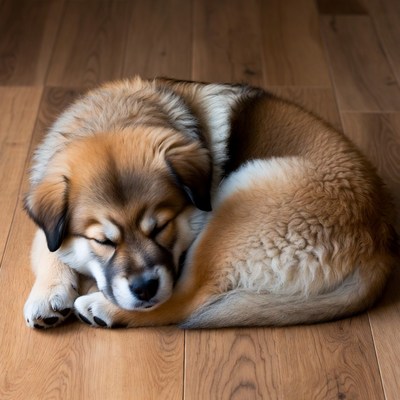 Sleeping fluffy dog on floor