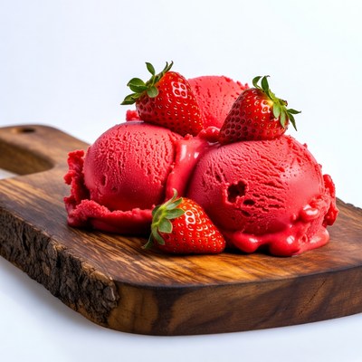 Strawberry Ice Cream Scoops on Wooden Board