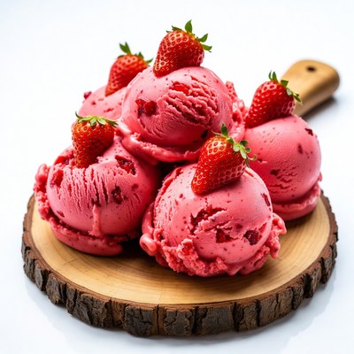 Strawberry Ice Cream Scoops on Wooden Board