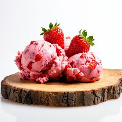 Strawberry Ice Cream on Wooden Board