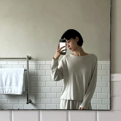 Asian woman taking mirror selfie