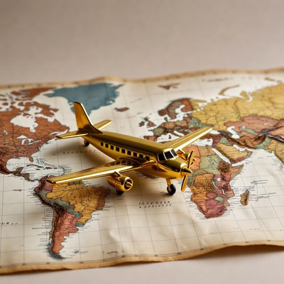 Golden Airplane Model on World Map