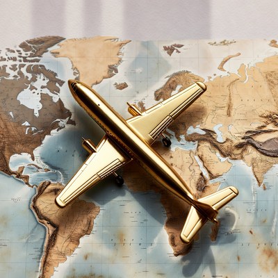 Golden Airplane Model on World Map