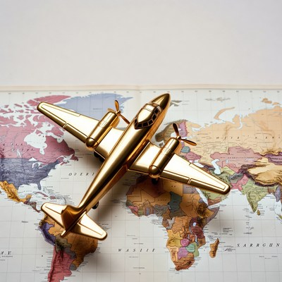 Golden airplane on world map