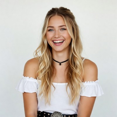 Smiling blonde woman in white off-shoulder top