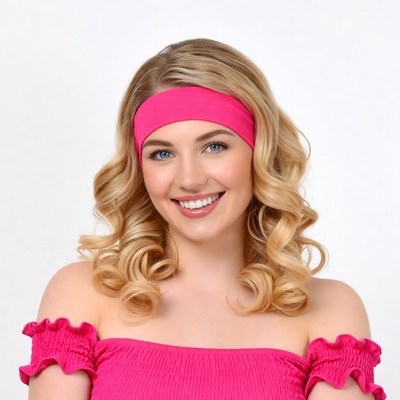 Smiling blonde woman in pink headband
