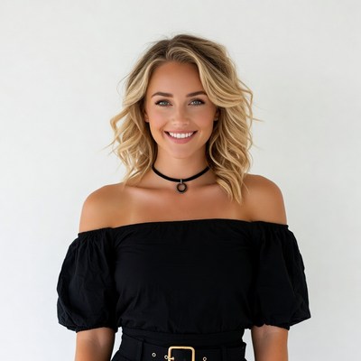 Smiling blonde woman in black off-shoulder top