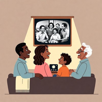 Multigenerational family watching old TV