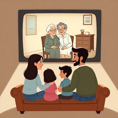 Family watching grandparents on TV