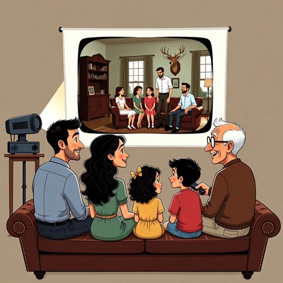 Family watching home movie projector