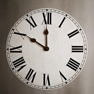 White Roman numeral clock on gray wall