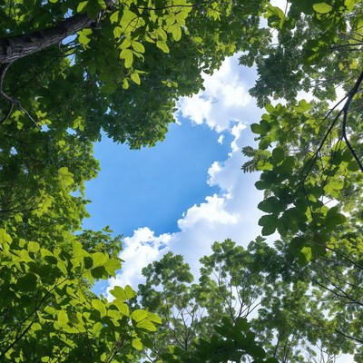 Heart-shaped sky through green tree canopy