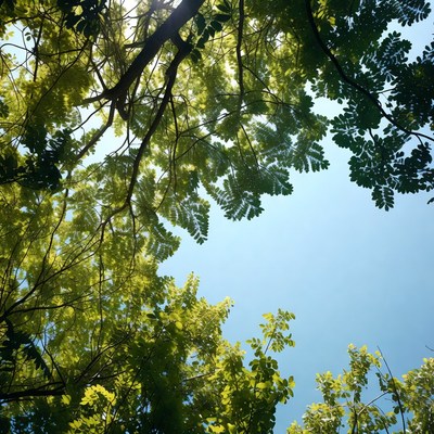 Lush green tree canopy against blue sky