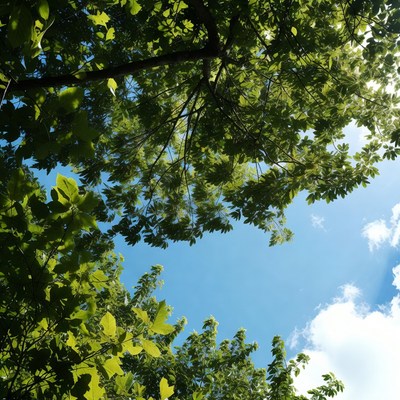 Lush green tree canopy against blue sky