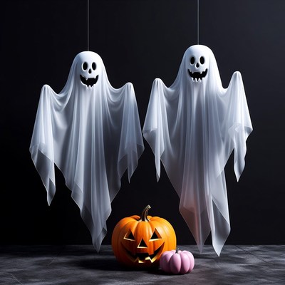 Two Hanging Ghosts with Pumpkins