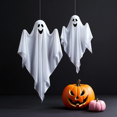 Two Hanging Ghosts with Jack-o-Lanterns