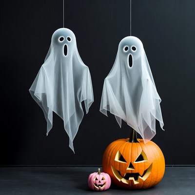 Halloween Ghosts Hanging Over Pumpkins