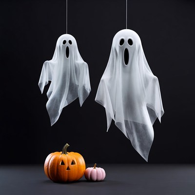 Two Hanging Ghosts with Pumpkins