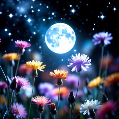 Colorful Daisies Under Full Moon