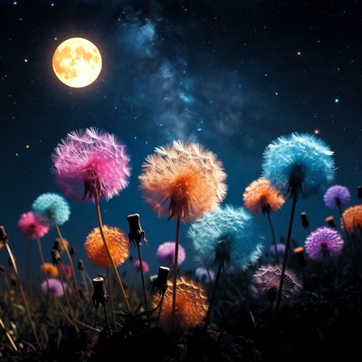 Colorful dandelions under starry sky