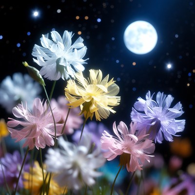 Colorful Dahlias Under Moon and Stars