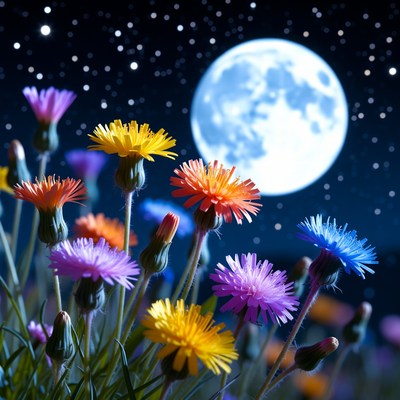 Colorful Daisies Under Full Moon