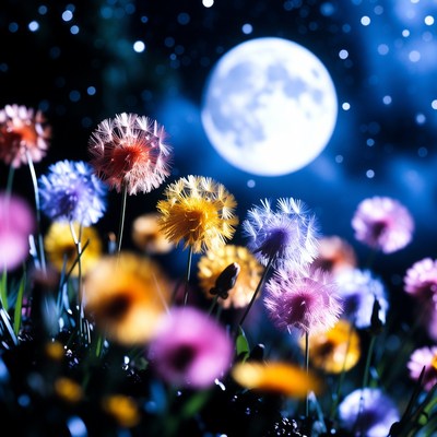 Colorful Dandelions Under Full Moon
