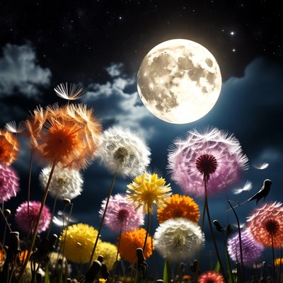 Colorful dandelions under full moon