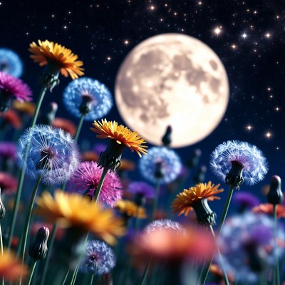 Colorful Dandelions Under Full Moon