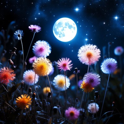 Colorful Dandelions Under Full Moon
