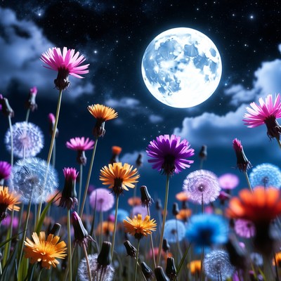 Colorful Daisies Under Full Moon