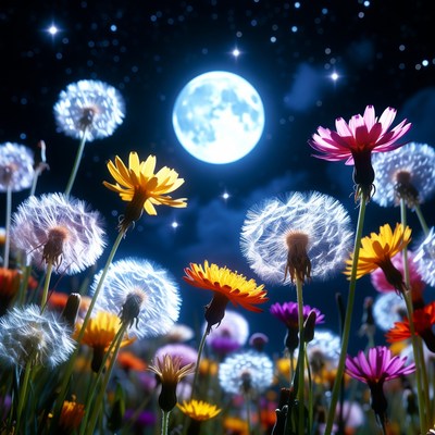 Dandelions and Flowers Under Full Moon