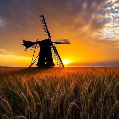 Windmill Silhouette at Sunset in Wheat Field