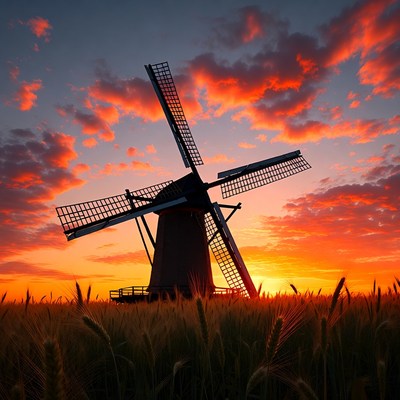 Windmill Silhouette at Sunset in Wheat Field