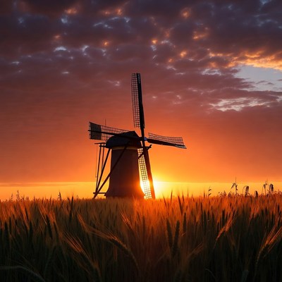 Windmill silhouetted against sunset in wheat field