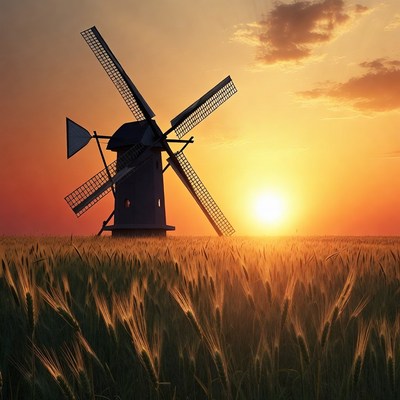 Windmill in wheat field at sunset