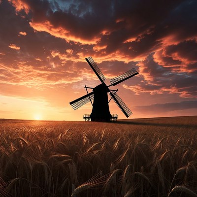 Windmill in Wheat Field at Sunset
