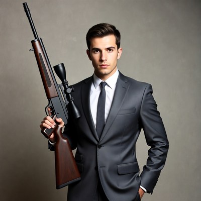 Man in suit holding sniper rifle